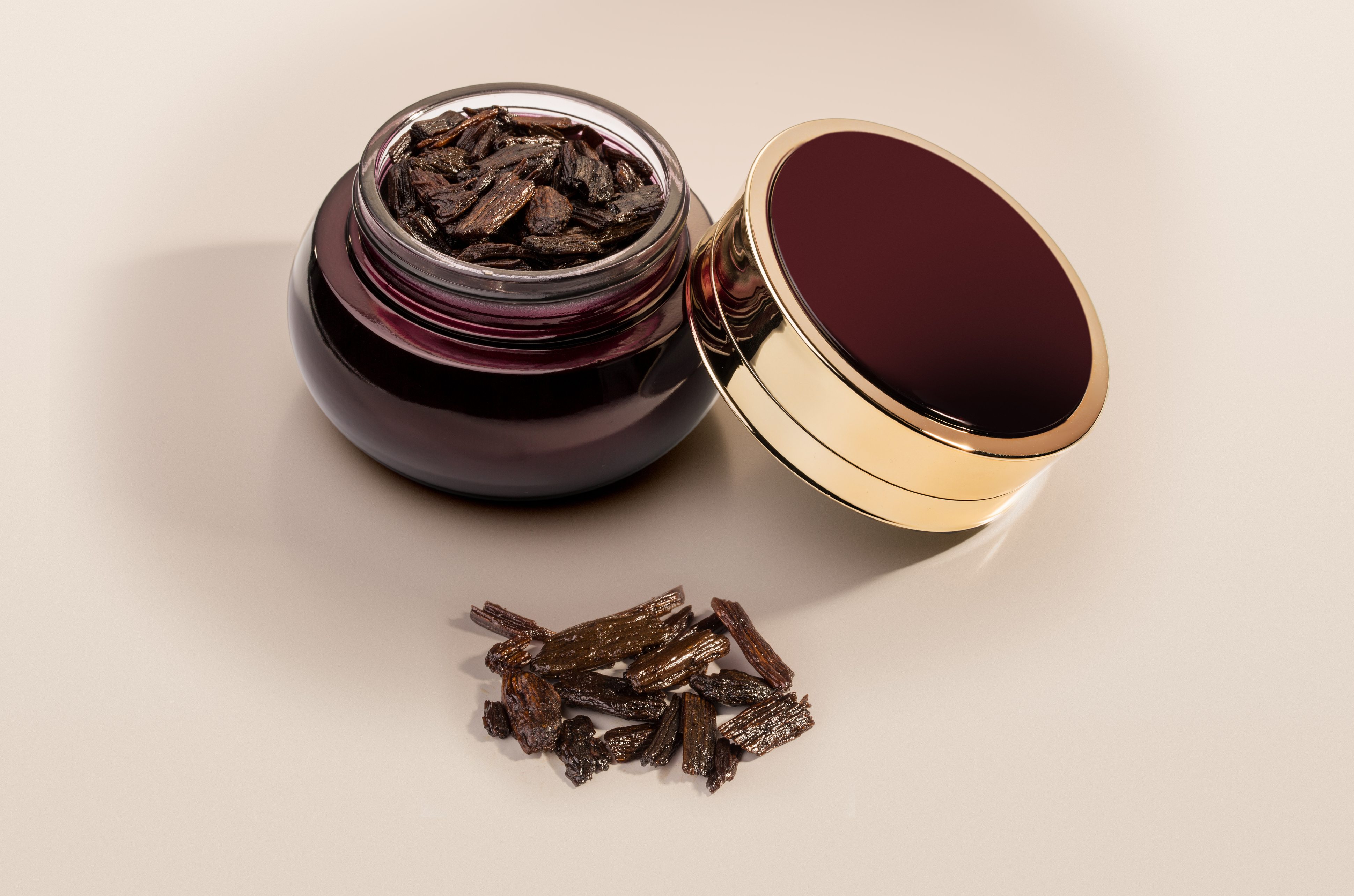 Agarwood chips in a presentation jar