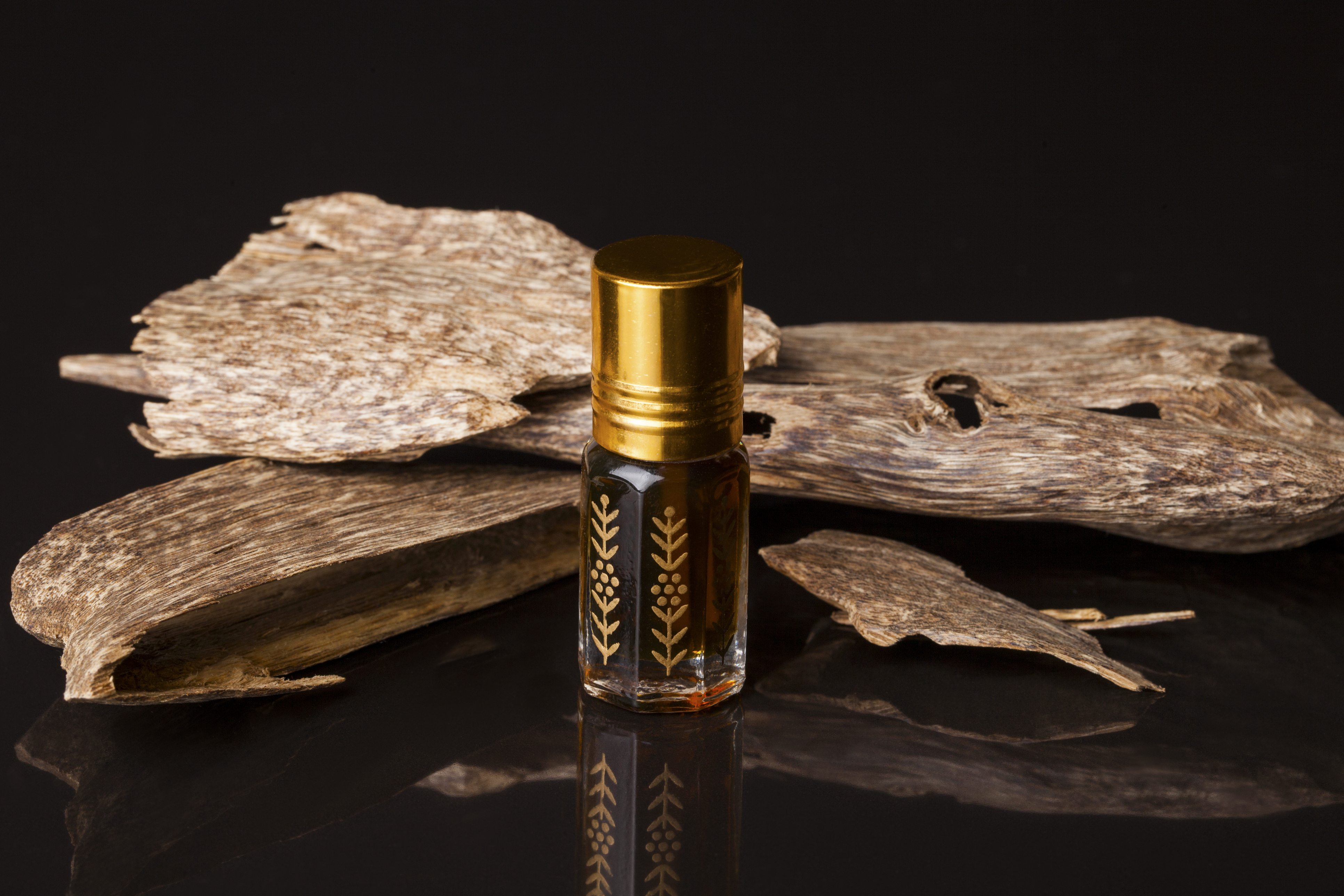 Oud oil bottle with agarwood